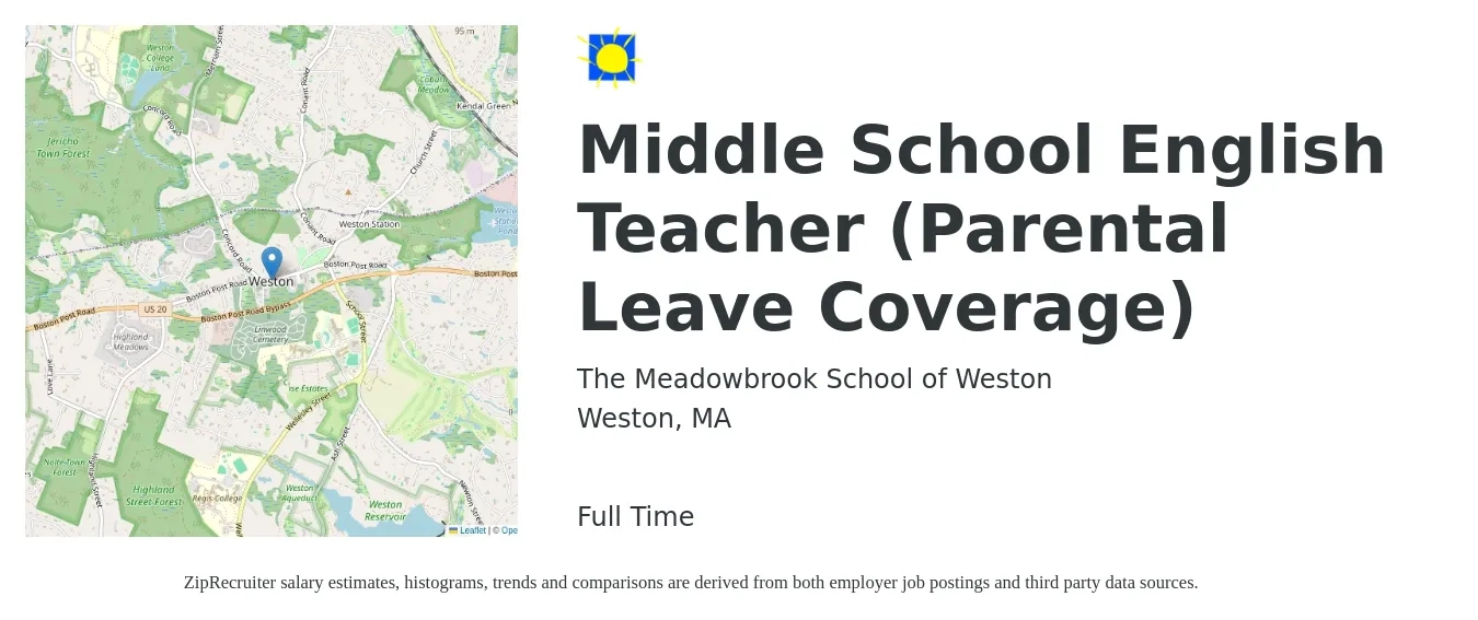 The Meadowbrook School of Weston job posting for a Middle School English Teacher (Parental Leave Coverage) in Weston, MA with a salary of $50,700 to $65,800 Yearly with a map of Weston location.