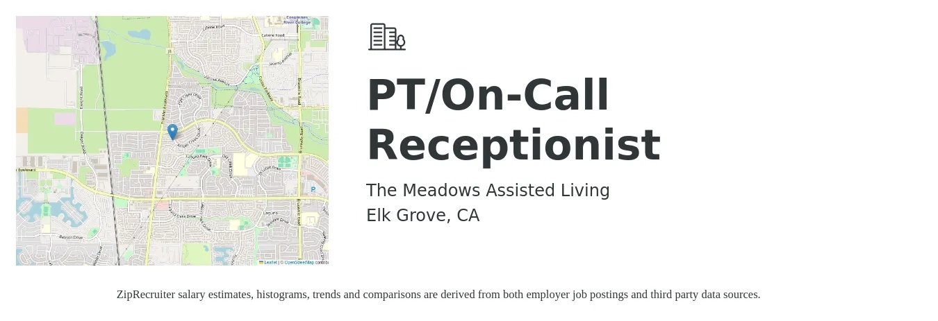 The Meadows Assisted Living job posting for a PT/On-Call Receptionist in Elk Grove, CA with a salary of $16 to $18 Hourly with a map of Elk Grove location.
