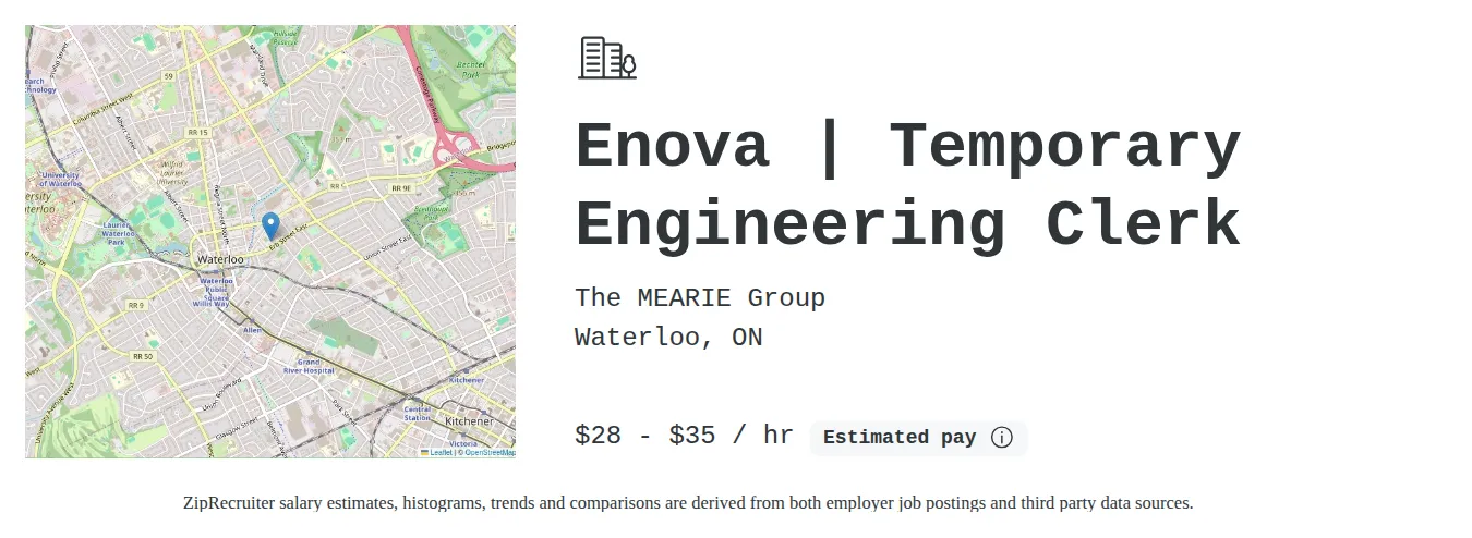 The MEARIE Group job posting for a Enova | Temporary Engineering Clerk in Waterloo, ON with a salary of $29 to $37 Hourly with a map of Waterloo location.