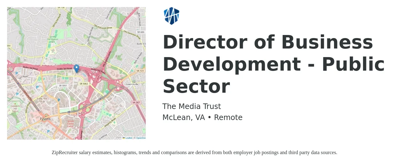 The Media Trust job posting for a Director of Business Development - Public Sector in McLean, VA with a salary of $94,500 to $153,100 Yearly with a map of McLean location.