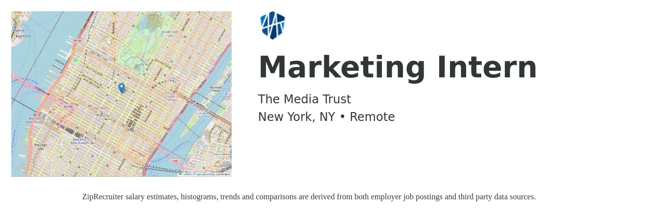 The Media Trust job posting for a Marketing Intern in New York, NY with a salary of $16 to $22 Hourly with a map of New York location.