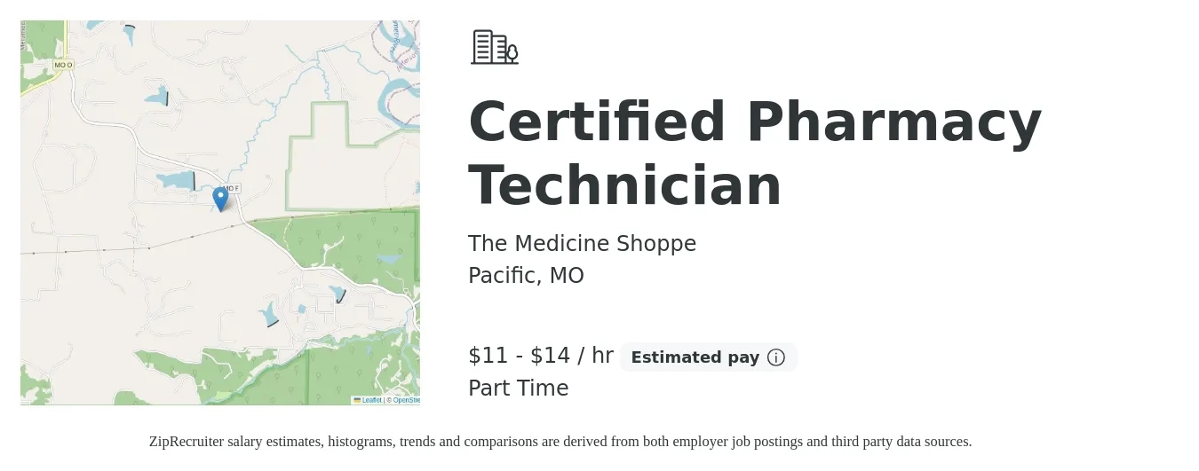 The Medicine Shoppe job posting for a Certified Pharmacy Technician in Pacific, MO with a salary of $12 to $15 Hourly with a map of Pacific location.