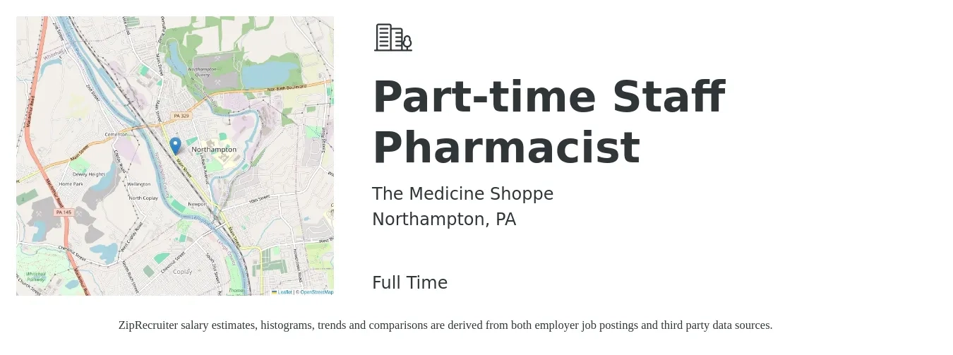 The Medicine Shoppe job posting for a Part-time Staff Pharmacist in Northampton, PA with a salary of $60 to $65 Hourly with a map of Northampton location.