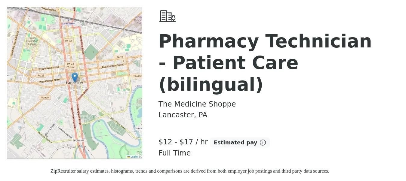 The Medicine Shoppe job posting for a Pharmacy Technician - Patient Care (bilingual) in Lancaster, PA with a salary of $13 to $18 Hourly with a map of Lancaster location.