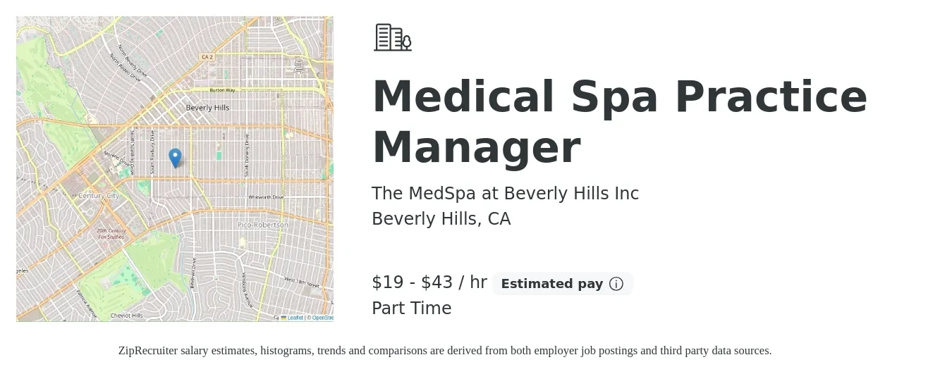 The MedSpa at Beverly Hills Inc job posting for a Medical Spa Practice Manager in Beverly Hills, CA with a salary of $20 to $45 Hourly (plus commission) with a map of Beverly Hills location.