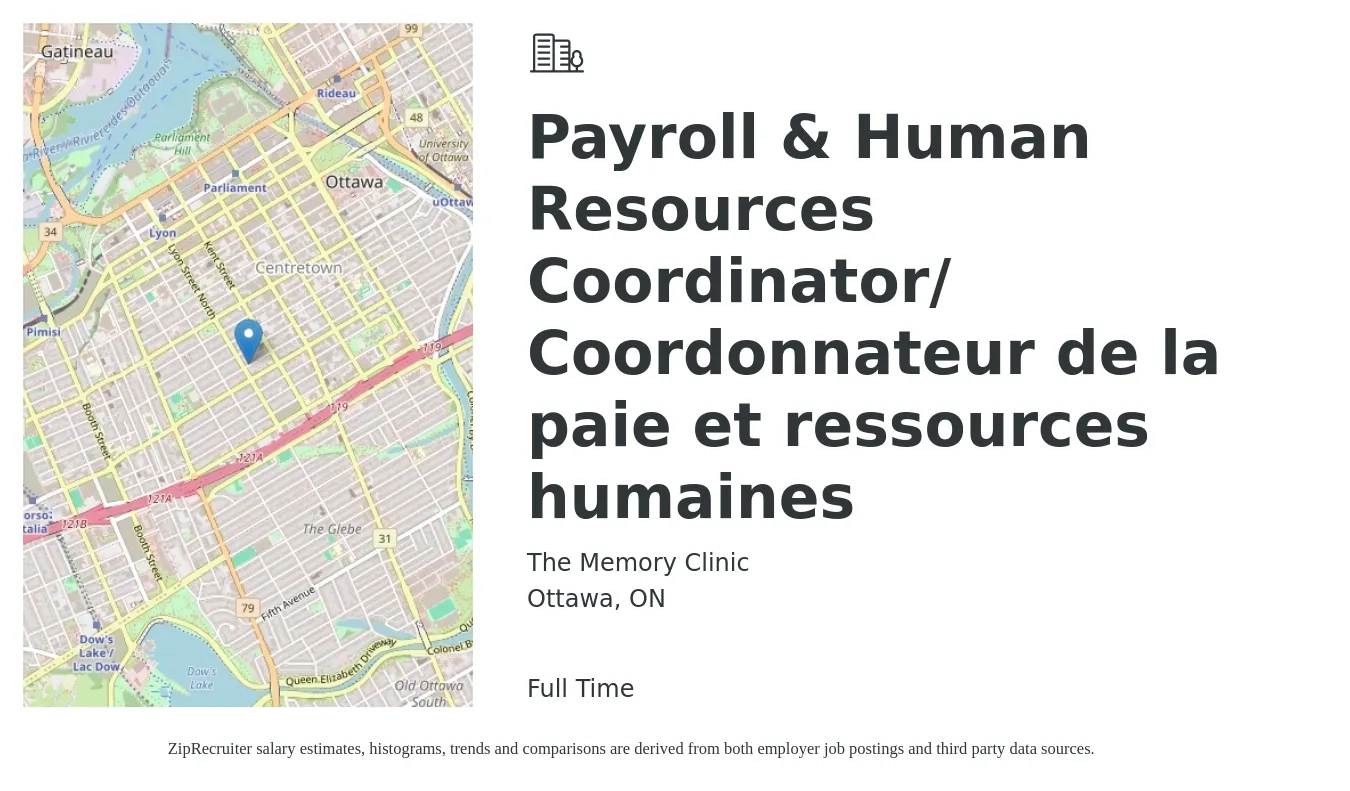 The Memory Clinic job posting for a Payroll & Human Resources Coordinator/ Coordonnateur de la paie et ressources humaines in Ottawa, ON with a map of Ottawa location.