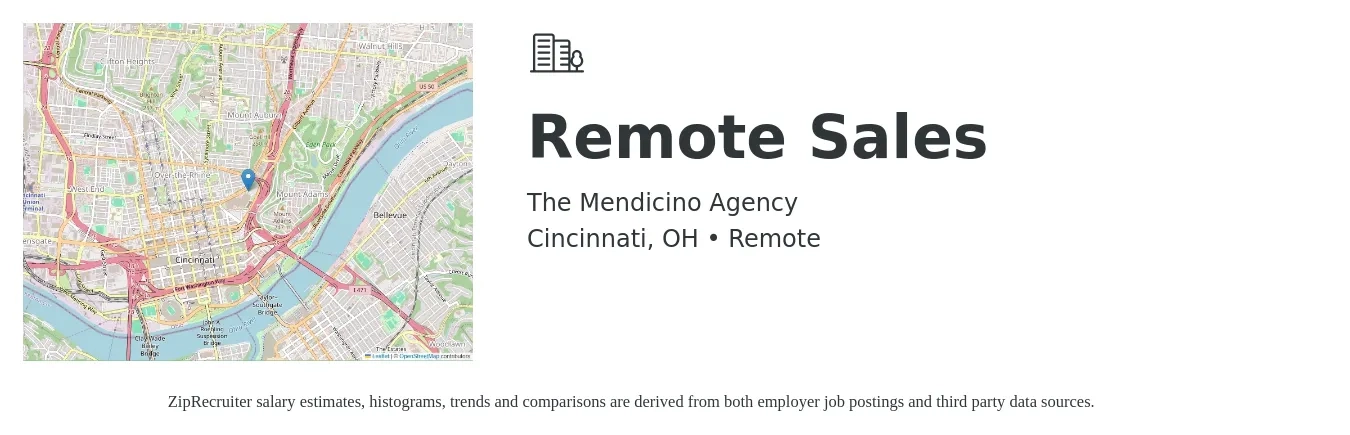 The Mendicino Agency job posting for a Remote Sales in Cincinnati, OH with a salary of $45,600 to $85,900 Yearly with a map of Cincinnati location.