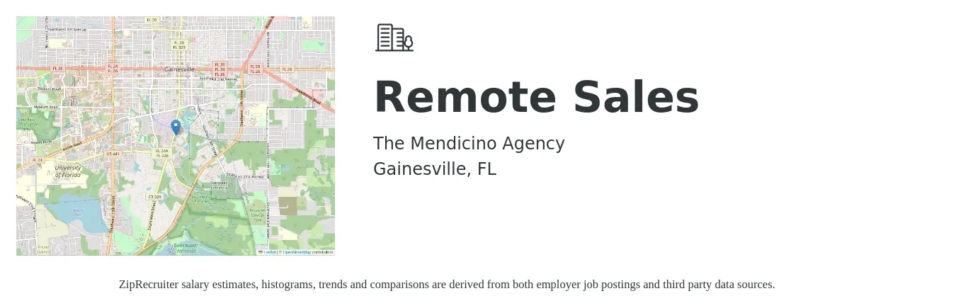 The Mendicino Agency job posting for a Remote Sales in Gainesville, FL with a salary of $200,000 Yearly with a map of Gainesville location.