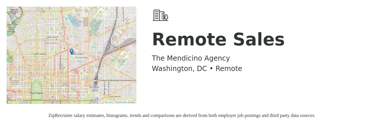 The Mendicino Agency job posting for a Remote Sales in Washington, DC with a salary of $53,600 to $101,000 Yearly with a map of Washington location.