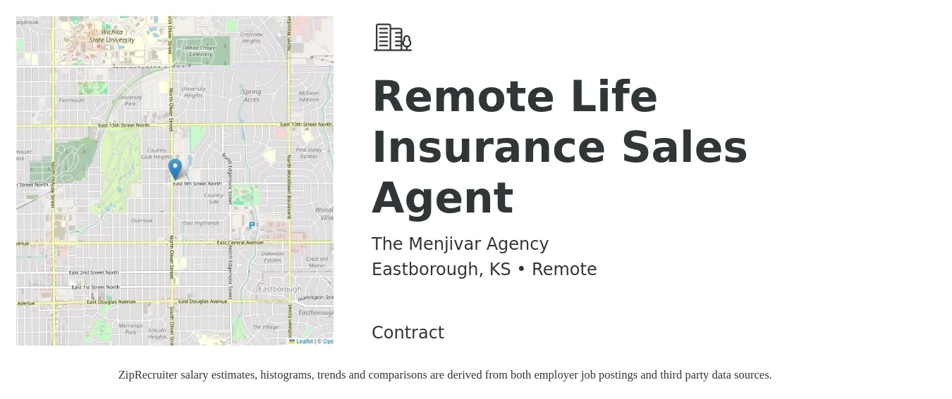 The Menjivar Agency job posting for a Remote Life Insurance Sales Agent in Eastborough, KS with a salary of $150,000 to $300,000 Yearly with a map of Eastborough location.