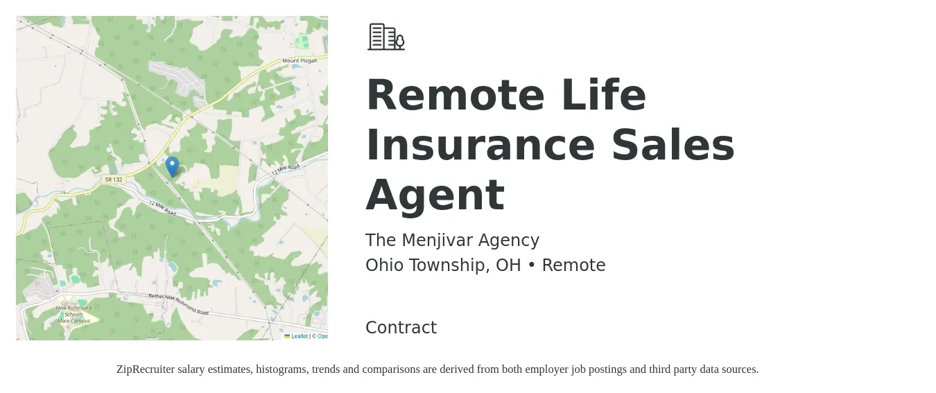 The Menjivar Agency job posting for a Remote Life Insurance Sales Agent in Ohio Township, OH with a salary of $150,000 to $300,000 Yearly with a map of Ohio Township location.