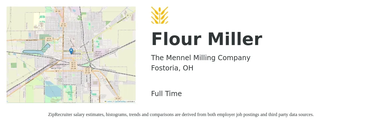 The Mennel Milling Company job posting for a Flour Miller in Fostoria, OH with a salary of $17 to $20 Hourly with a map of Fostoria location.