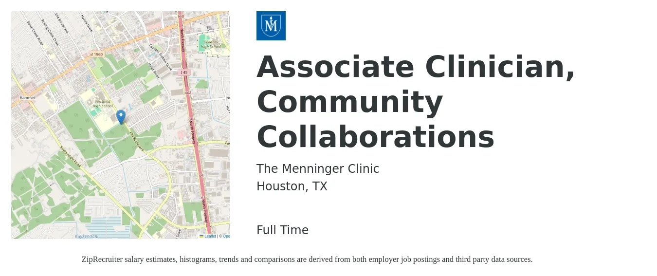 The Menninger Clinic job posting for a Associate Clinician, Community Collaborations in Houston, TX with a salary of $49,200 to $65,000 Yearly with a map of Houston location.