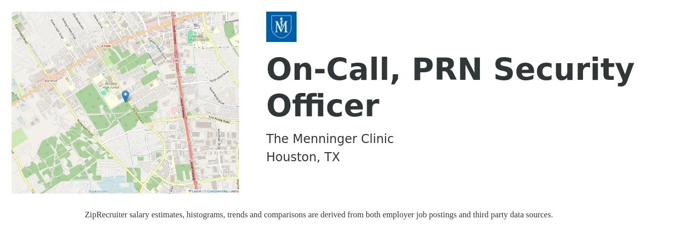 The Menninger Clinic job posting for a On-Call, PRN Security Officer in Houston, TX with a salary of $14 to $17 Hourly with a map of Houston location.