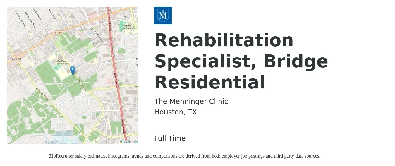 The Menninger Clinic job posting for a Rehabilitation Specialist, Bridge Residential in Houston, TX with a salary of $35,700 to $57,300 Yearly with a map of Houston location.
