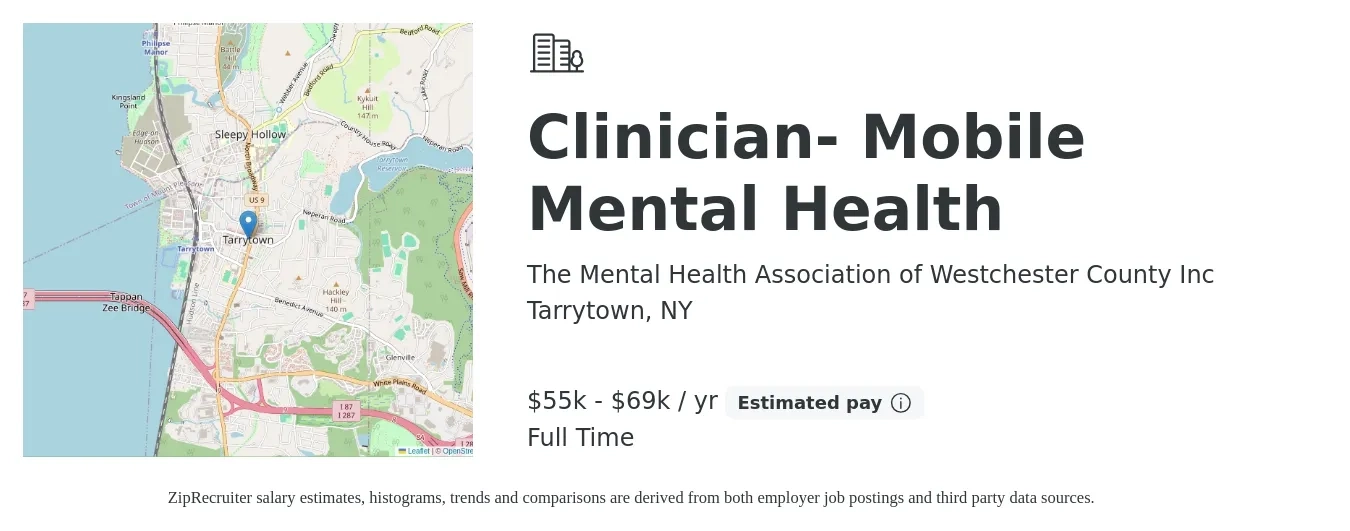 The Mental Health Association of Westchester County Inc job posting for a Clinician- Mobile Mental Health in Tarrytown, NY with a salary of $55,000 to $69,000 Yearly with a map of Tarrytown location.