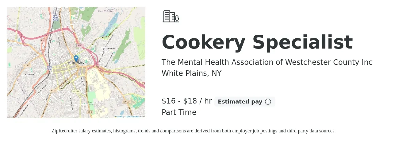 The Mental Health Association of Westchester County Inc job posting for a Cookery Specialist in White Plains, NY with a salary of $17 to $19 Hourly with a map of White Plains location.