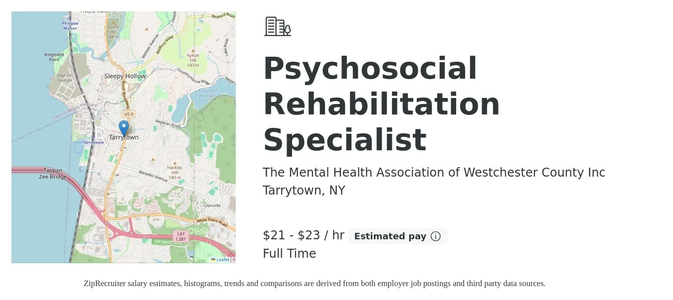 The Mental Health Association of Westchester County Inc job posting for a Psychosocial Rehabilitation Specialist in Tarrytown, NY with a salary of $22 to $24 Hourly with a map of Tarrytown location.