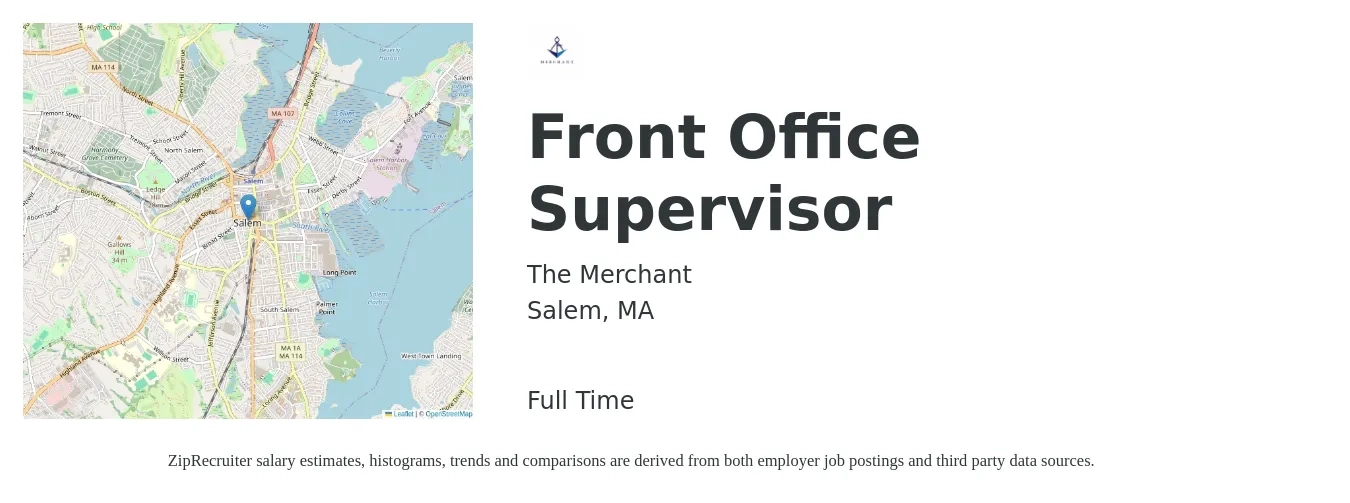 The Merchant job posting for a Front Office Supervisor in Salem, MA with a salary of $20 to $22 Hourly with a map of Salem location.