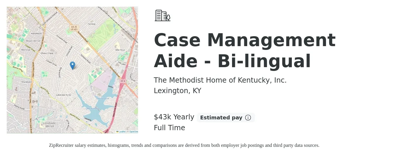 The Methodist Home of Kentucky, Inc. job posting for a Case Management Aide - Bi-lingual in Lexington, KY with a salary of $43,000 Yearly with a map of Lexington location.