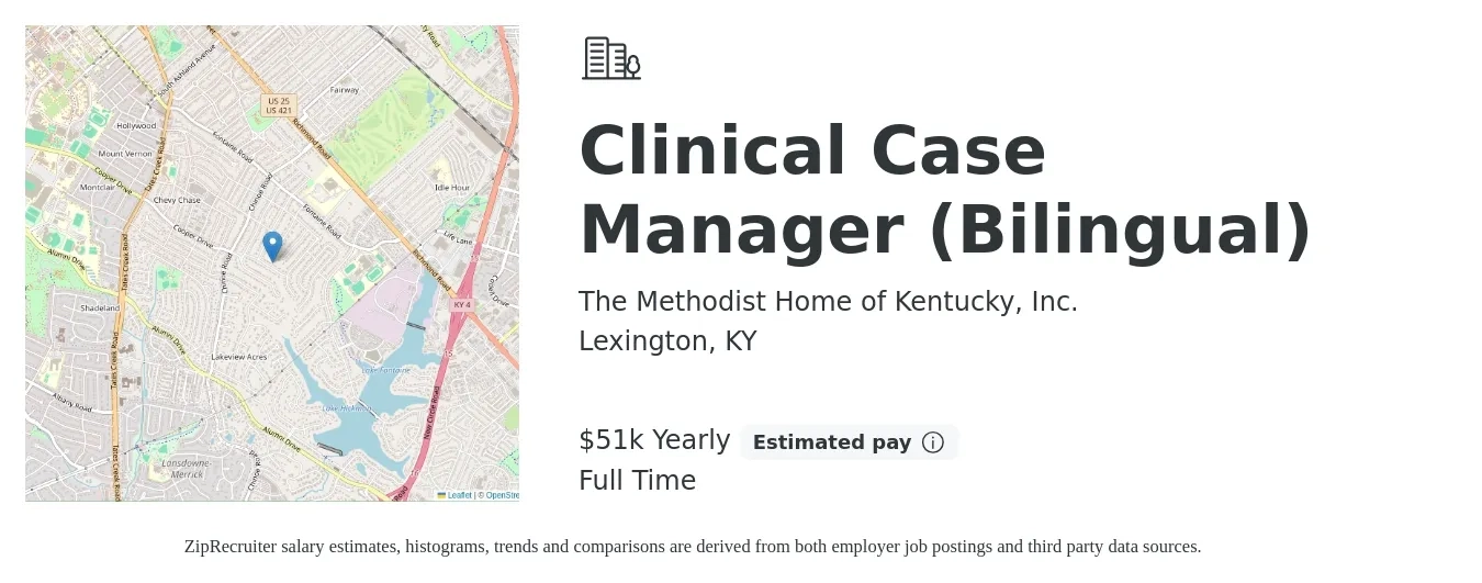 The Methodist Home of Kentucky, Inc. job posting for a Clinical Case Manager (Bilingual) in Lexington, KY with a salary of $51,000 Yearly with a map of Lexington location.
