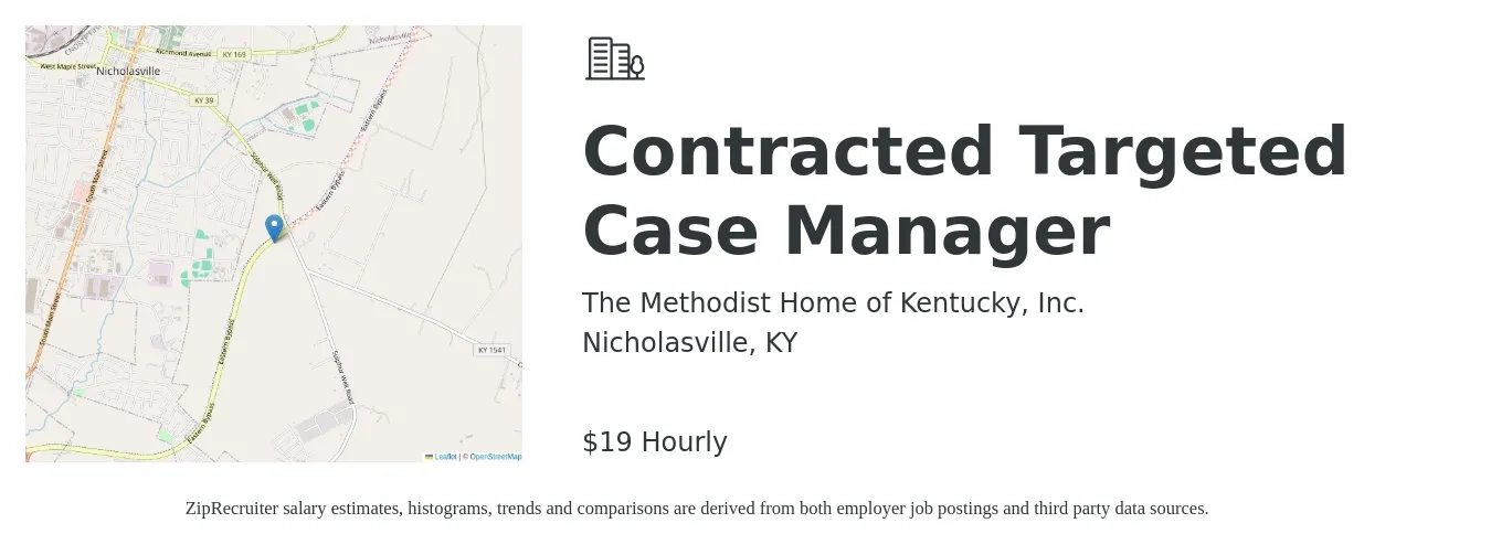 The Methodist Home of Kentucky, Inc. job posting for a Contracted Targeted Case Manager in Nicholasville, KY with a salary of $20 Hourly with a map of Nicholasville location.