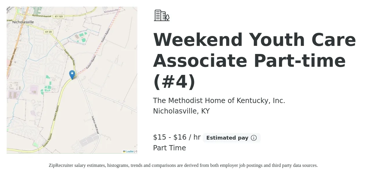 The Methodist Home of Kentucky, Inc. job posting for a Weekend Youth Care Associate Part-time (#4) in Nicholasville, KY with a salary of $16 to $17 Hourly with a map of Nicholasville location.