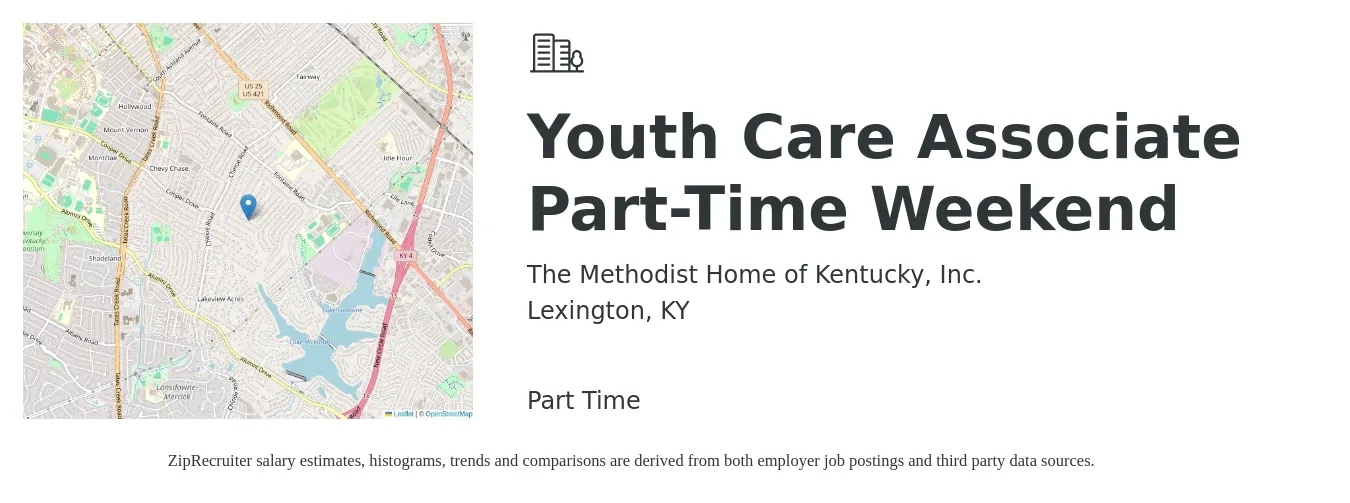 The Methodist Home of Kentucky, Inc. job posting for a Youth Care Associate Part-Time Weekend in Lexington, KY with a salary of $16 to $17 Yearly with a map of Lexington location.