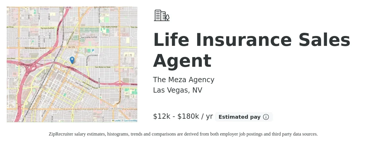 The Meza Agency job posting for a Life Insurance Sales Agent in Las Vegas, NV with a salary of $12,000 to $180,000 Yearly with a map of Las Vegas location.