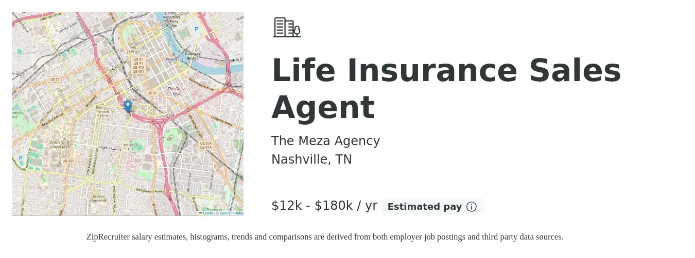 The Meza Agency job posting for a Life Insurance Sales Agent in Nashville, TN with a salary of $12,000 to $180,000 Yearly with a map of Nashville location.