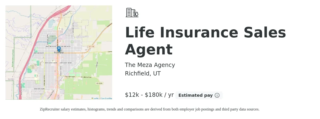 The Meza Agency job posting for a Life Insurance Sales Agent in Richfield, UT with a salary of $12,000 to $180,000 Yearly with a map of Richfield location.