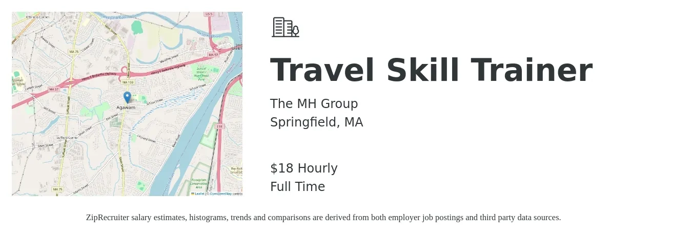 The MH Group job posting for a Travel Skill Trainer in Springfield, MA with a salary of $19 Hourly with a map of Springfield location.