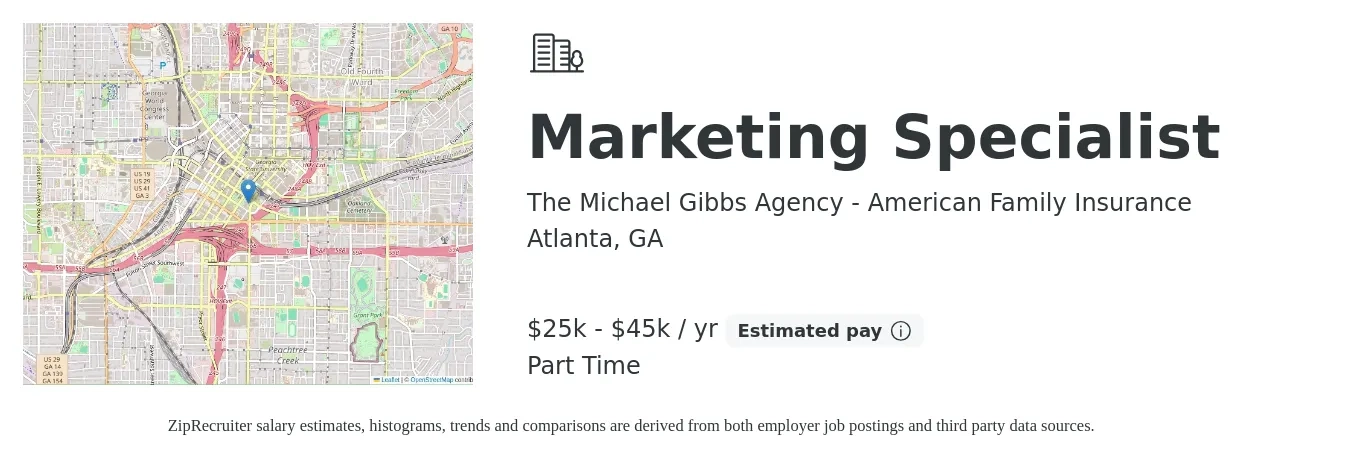 The Michael Gibbs Agency - American Family Insurance job posting for a Marketing Specialist in Atlanta, GA with a salary of $25,000 to $45,000 Yearly with a map of Atlanta location.