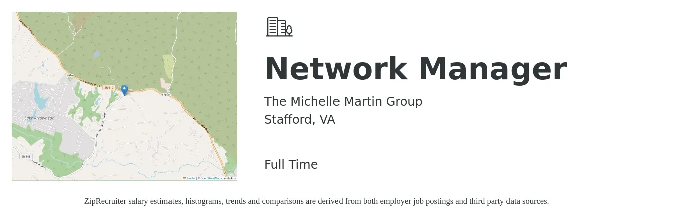 The Michelle Martin Group job posting for a Network Manager in Stafford, VA with a salary of $45 to $52 Hourly with a map of Stafford location.