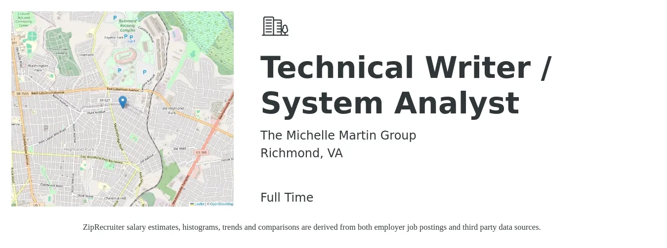 The Michelle Martin Group job posting for a Technical Writer / System Analyst in Richmond, VA with a salary of $40 to $50 Hourly with a map of Richmond location.
