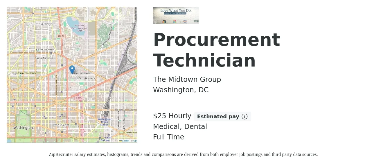 The Midtown Group job posting for a Procurement Technician in Washington, DC with a salary of $27 Hourly and benefits including dental, life_insurance, and medical with a map of Washington location.