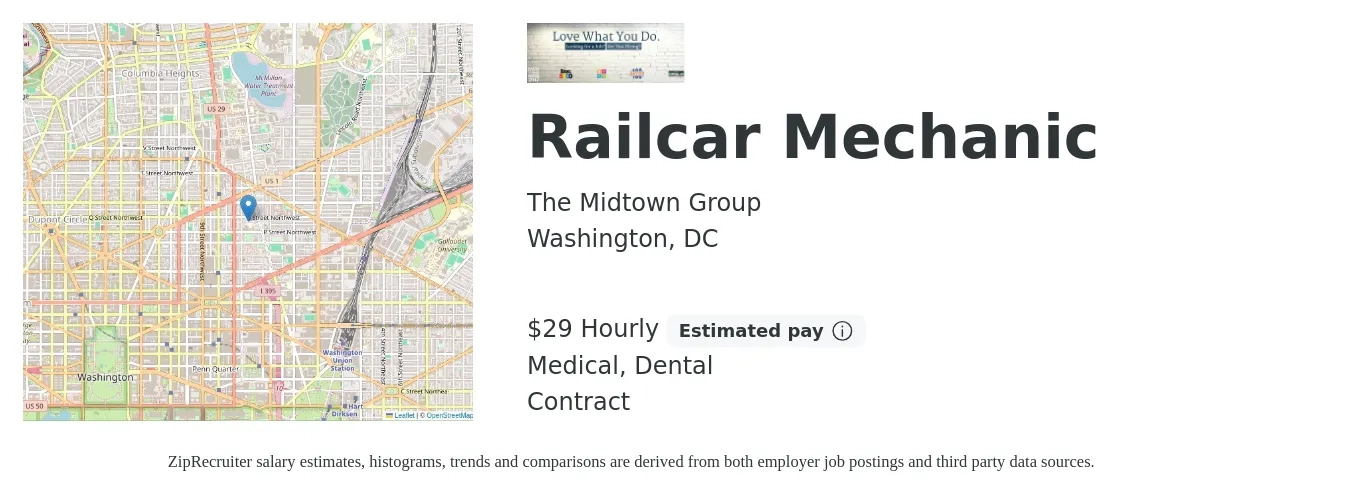 The Midtown Group job posting for a Railcar Mechanic in Washington, DC with a salary of $31 Hourly and benefits including retirement, dental, and medical with a map of Washington location.