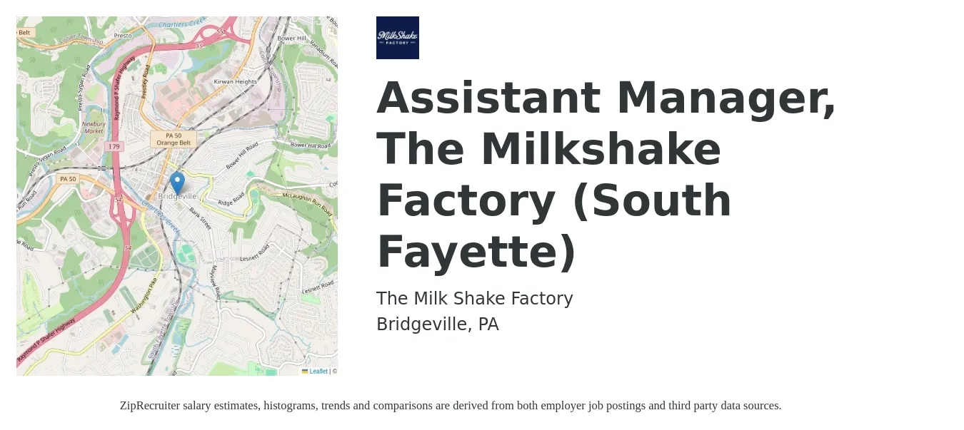 The Milk Shake Factory job posting for a Assistant Manager, The Milkshake Factory (South Fayette) in Bridgeville, PA with a salary of $20 to $25 Hourly with a map of Bridgeville location.