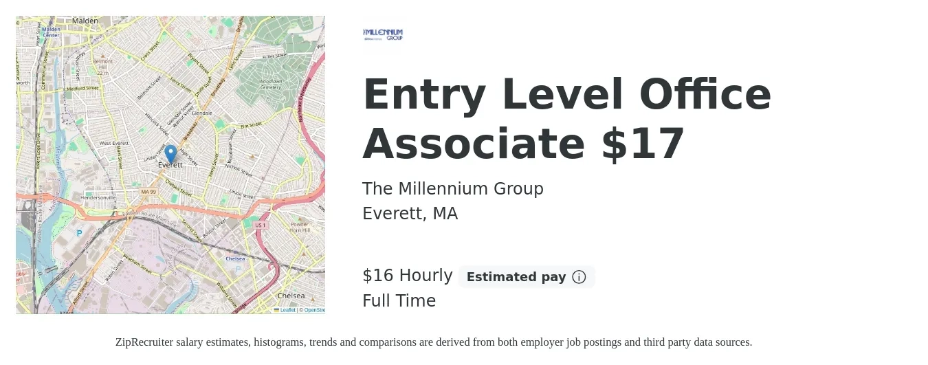 The Millennium Group job posting for a Entry Level Office Associate $17 in Everett, MA with a salary of $17 Hourly with a map of Everett location.