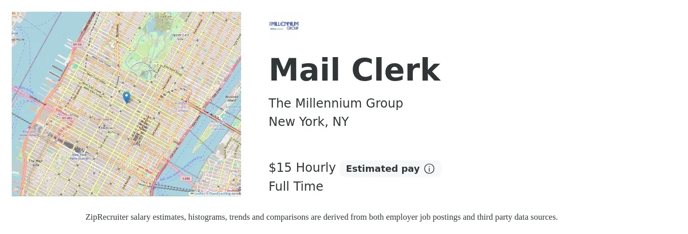 The Millennium Group job posting for a Mail Clerk in New York, NY with a salary of $17 Hourly with a map of New York location.