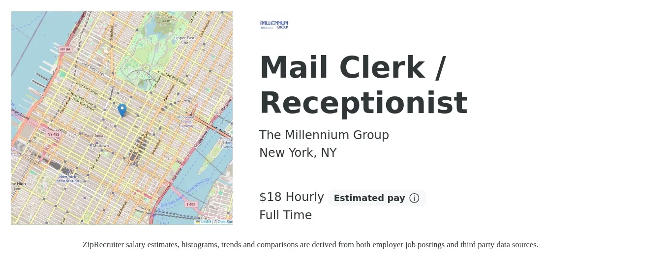 The Millennium Group job posting for a Mail Clerk / Receptionist in New York, NY with a salary of $19 Hourly with a map of New York location.