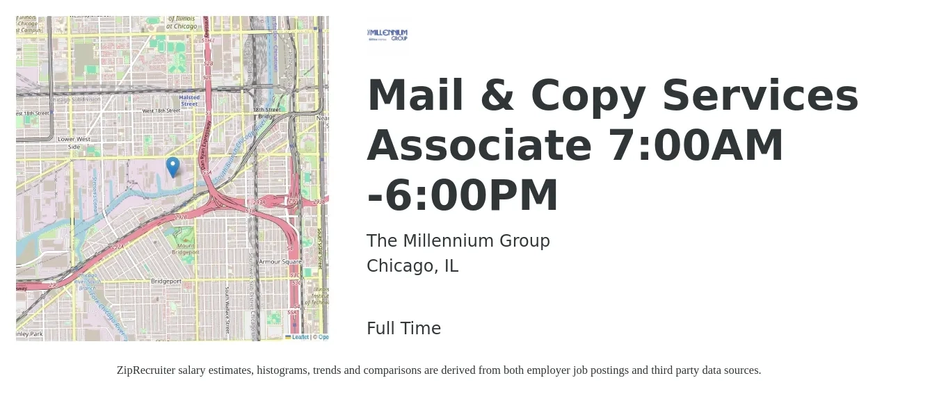The Millennium Group job posting for a Mail & Copy Services Associate 7:00AM -6:00PM in Chicago, IL with a salary of $16 to $20 Hourly with a map of Chicago location.