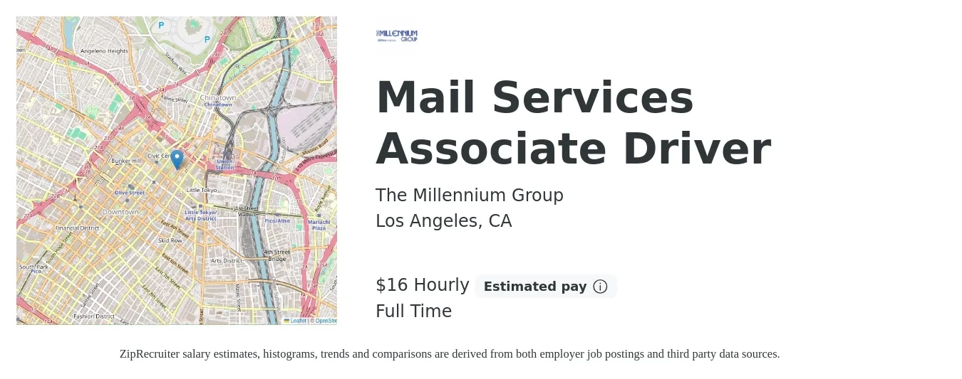 The Millennium Group job posting for a Mail Services Associate Driver in Los Angeles, CA with a salary of $19 to $28 Hourly with a map of Los Angeles location.