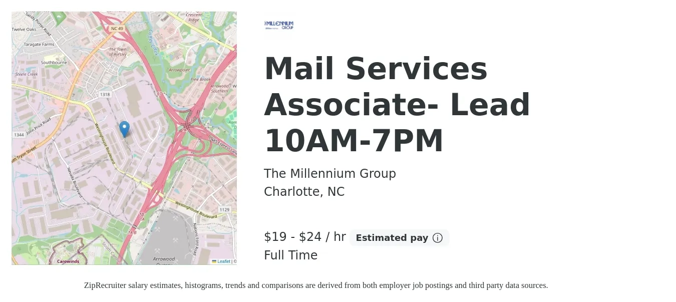 The Millennium Group job posting for a Mail Services Associate- Lead 10AM-7PM in Charlotte, NC with a salary of $20 to $25 Hourly with a map of Charlotte location.