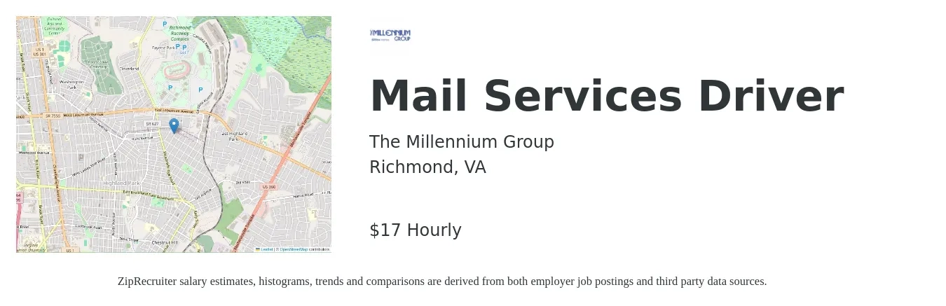 The Millennium Group job posting for a Mail Services Driver in Richmond, VA with a salary of $15 to $18 Hourly with a map of Richmond location.