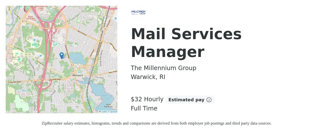 The Millennium Group job posting for a Mail Services Manager in Warwick, RI with a salary of $18 to $25 Hourly with a map of Warwick location.