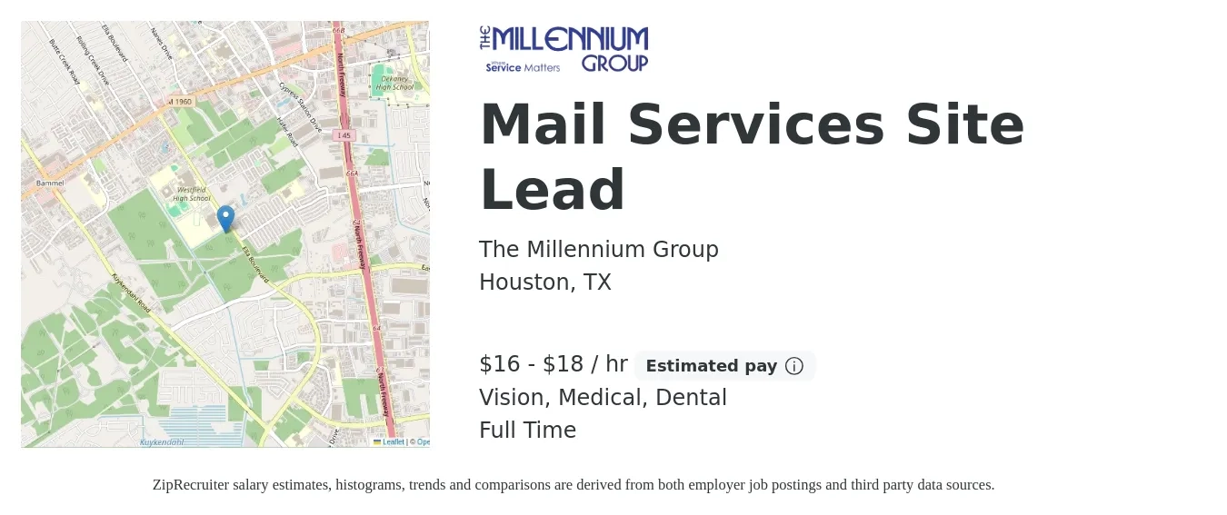 The Millennium Group job posting for a Mail Services Site Lead in Houston, TX with a salary of $18 to $19 Hourly and benefits including vision, dental, life_insurance, medical, and pto with a map of Houston location.