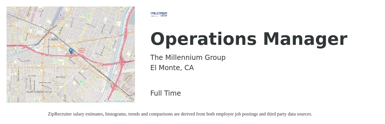 The Millennium Group job posting for a Operations Manager in El Monte, CA with a salary of $41,200 to $78,000 Yearly with a map of El Monte location.