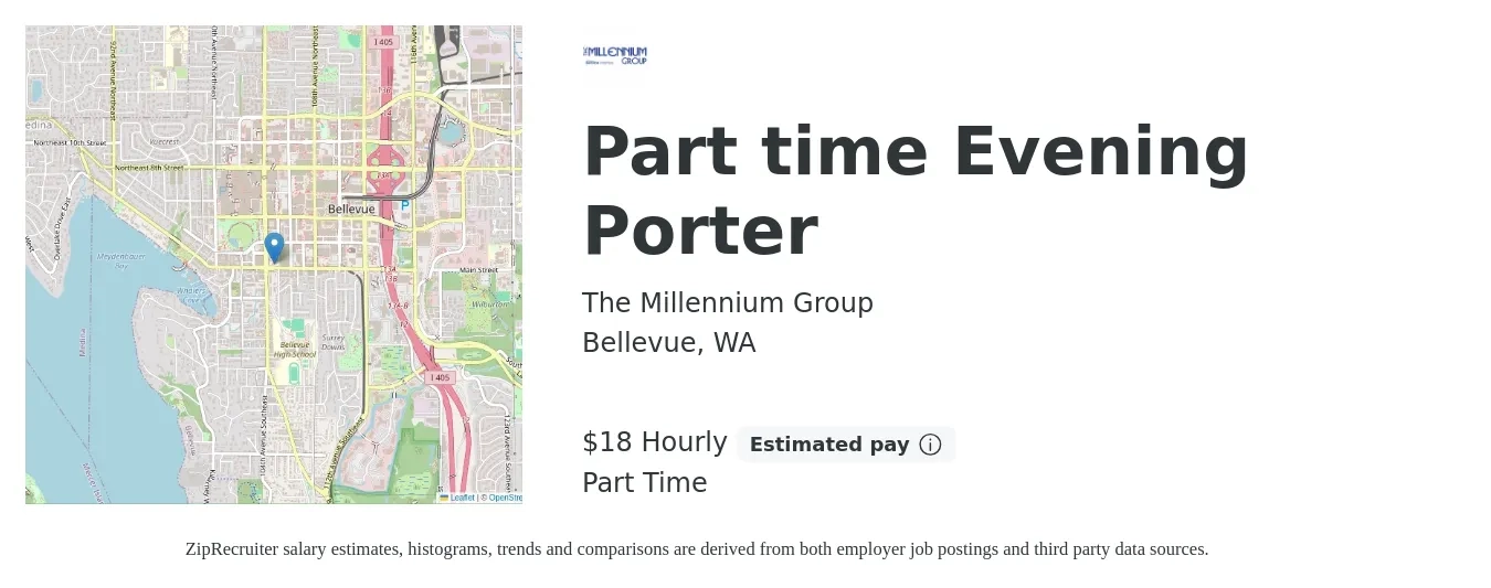 The Millennium Group job posting for a Part time Evening Porter in Bellevue, WA with a salary of $19 Hourly with a map of Bellevue location.
