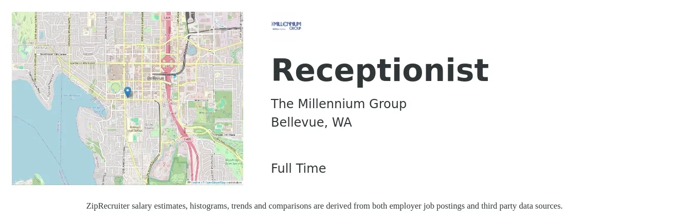 The Millennium Group job posting for a Receptionist in Bellevue, WA with a salary of $18 to $23 Hourly with a map of Bellevue location.